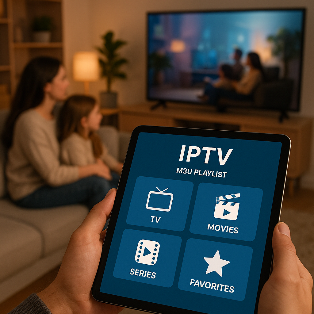 Family watching IPTV on tablet with M3U app