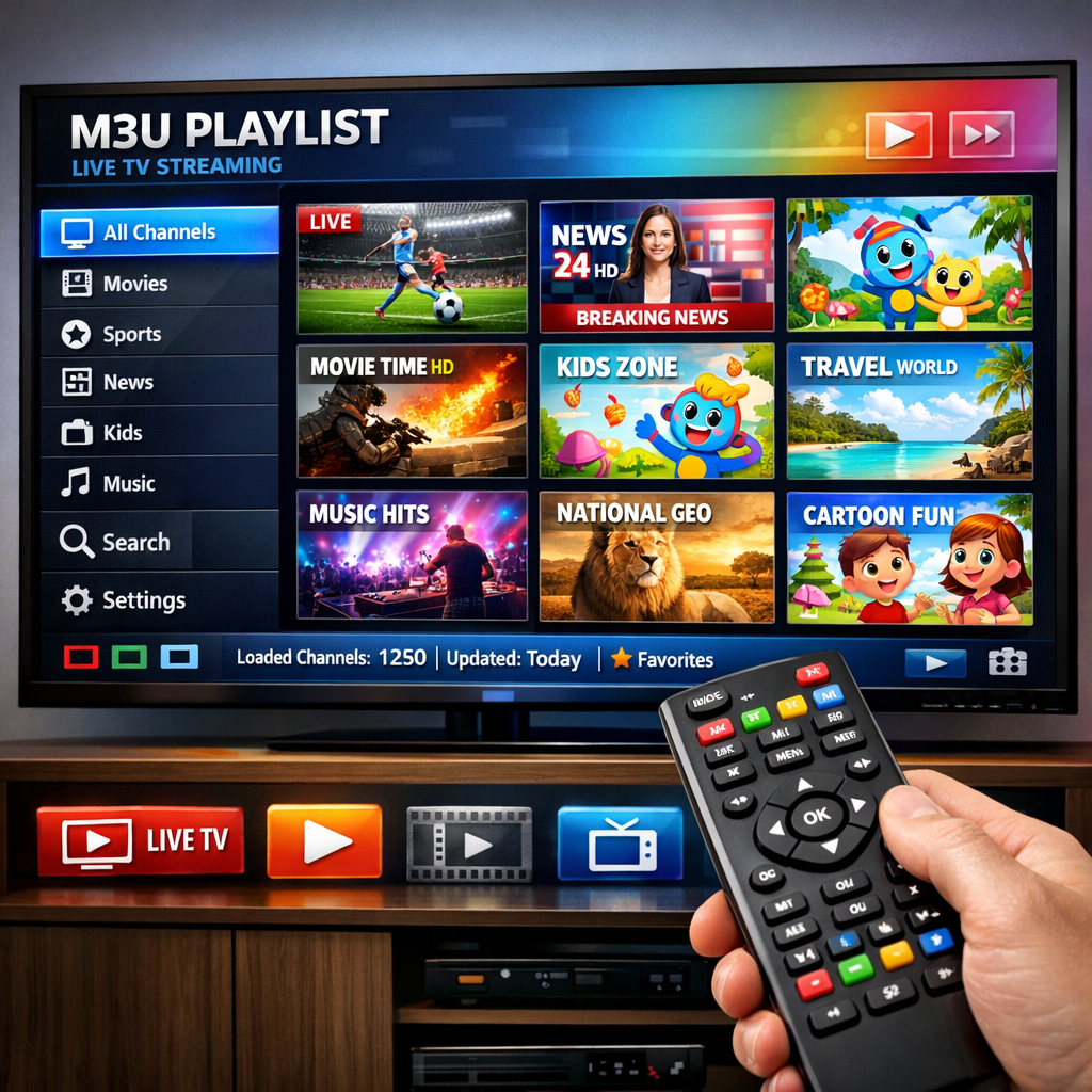 Live TV M3U playlists interface on a digital screen