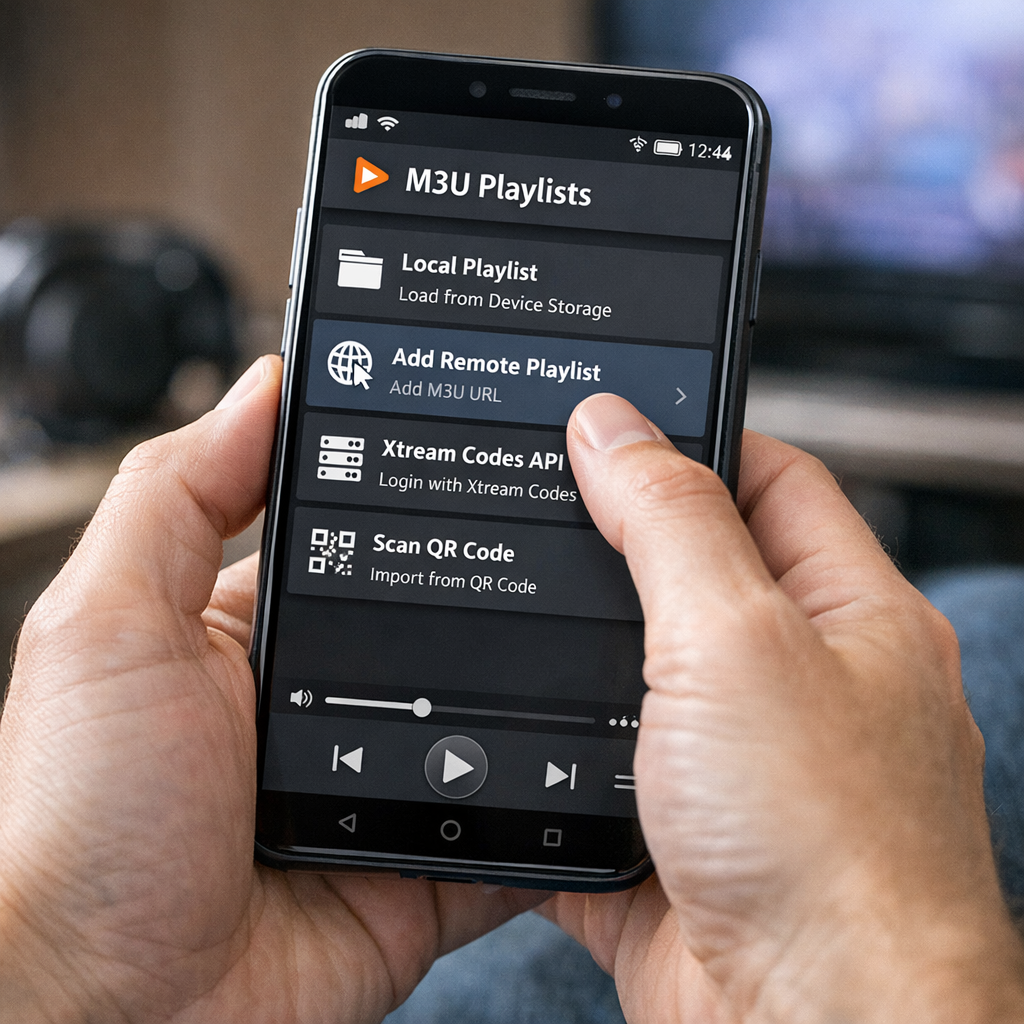 person using a media player app with M3U playlists