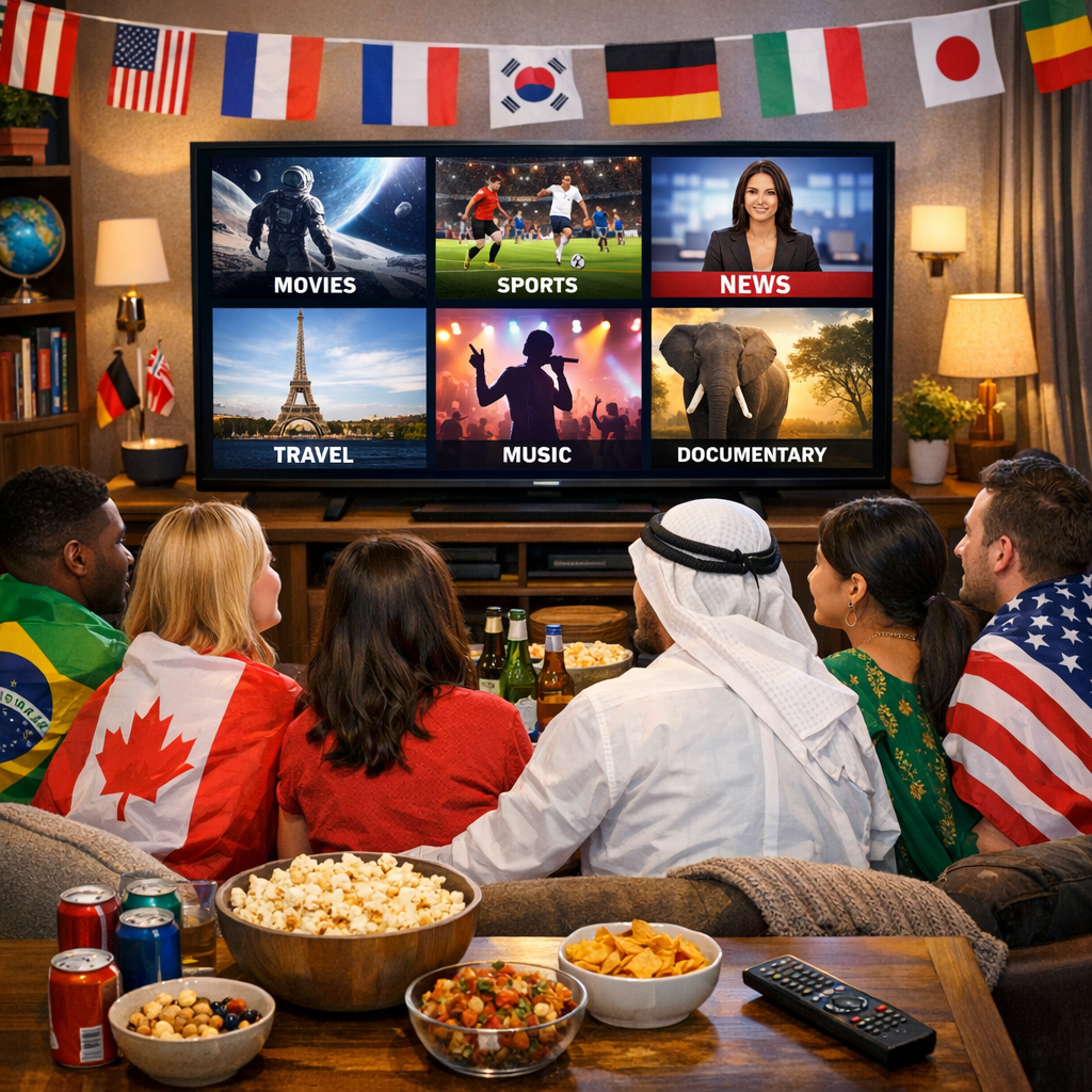Group watching Global Live TV with international channels