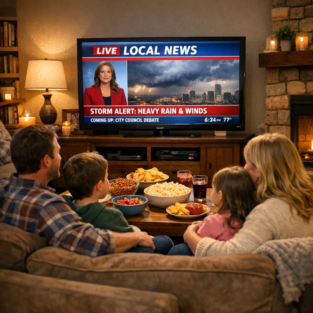 Local TV news broadcast in a cozy living room