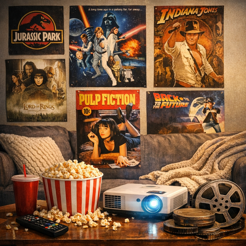 movie and entertainment playlists with posters and popcorn