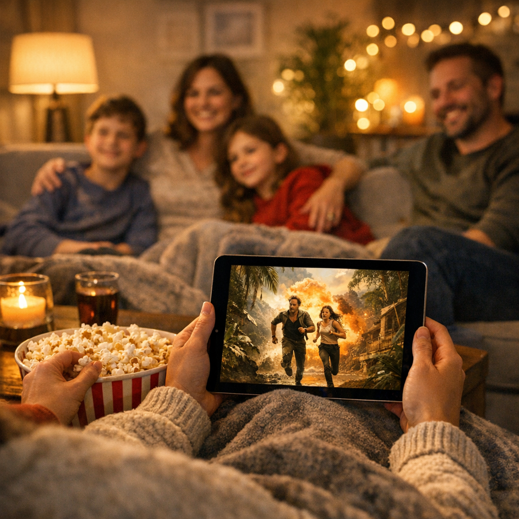 VOD movies being watched on a tablet in a cozy living room