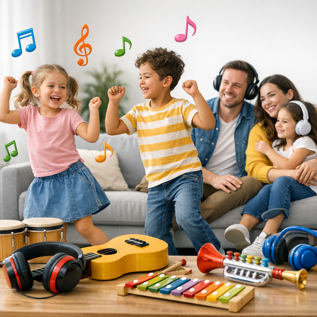 Kids enjoying music playlists with colorful notes