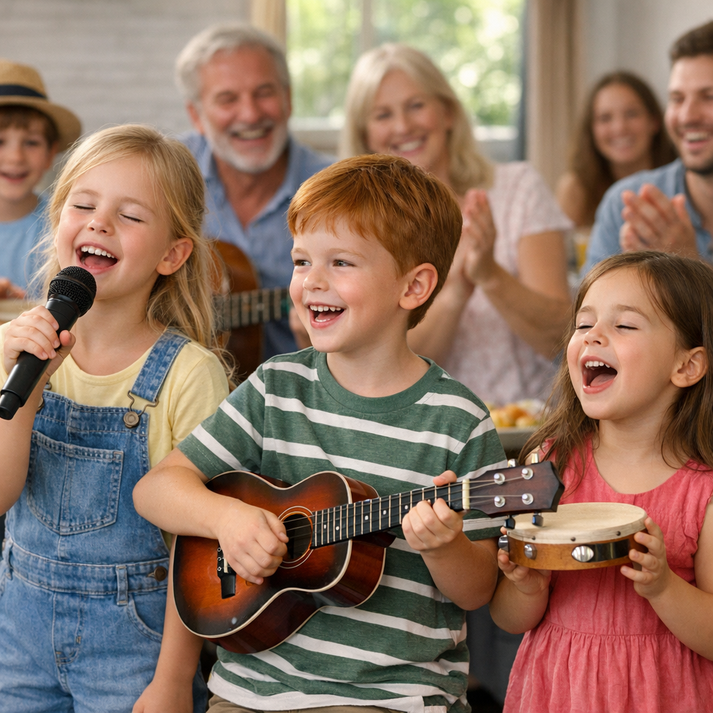 Children singing together with musical instruments