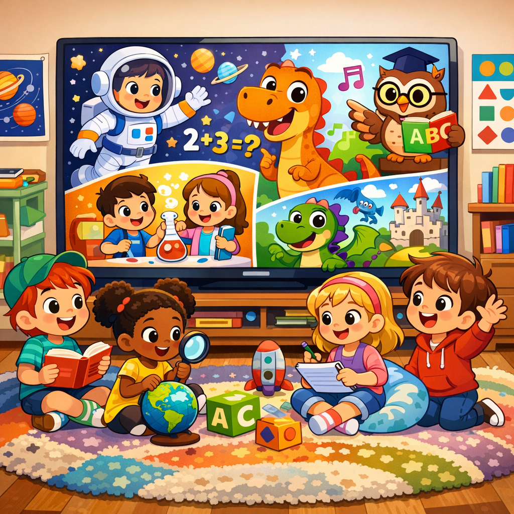 Children engaged in Kids TV cartoons and learning shows