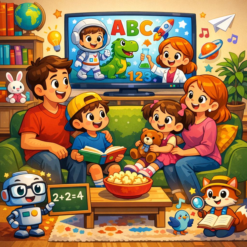 Kids TV cartoons and learning shows with family watching