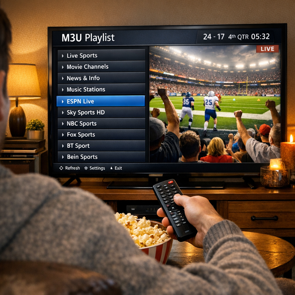 Sports M3U playlist interface on TV