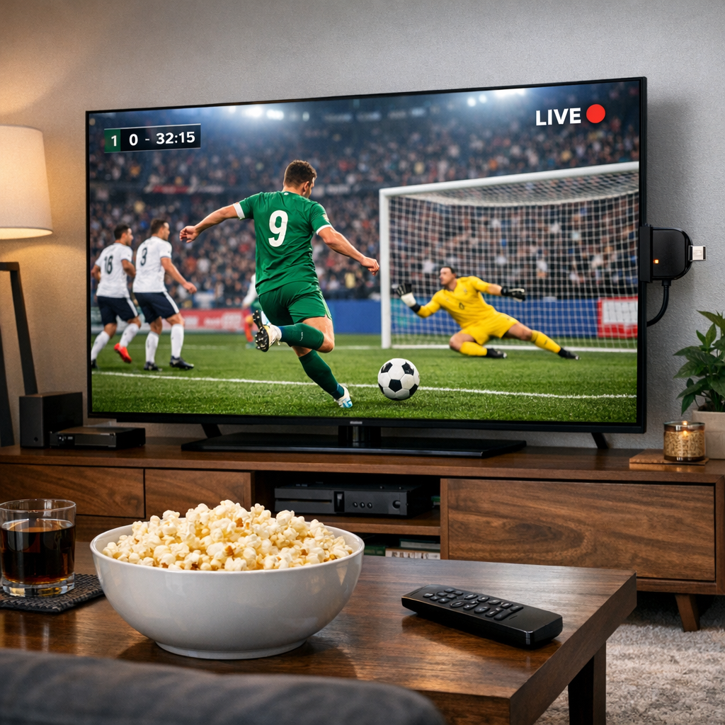 Living room TV showing live soccer on IPTV sports channels.